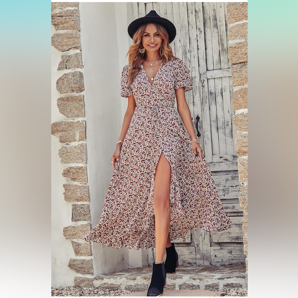PRETTYGARDEN Wrap Boho Floral Maxi Dress